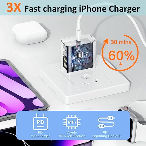 iPhone Fast Charger, iPhone Charger Fast Charging 2Pack PD 6FT Type C Quick USB C to Lightning Cable Cord Fast Charger iPhone USB C Wall Block Plug for iPhone 14 13 12 11 Pro Max XR XS X,iPad AirPods