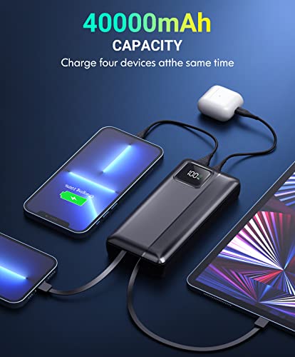 Power-Bank-Portable-Charger - 40000mAh Power Bank Support PD 30W and QC4.0 Fast Charger with Built-in 2 Output Cable and LED Display for iPhone and Android Phones and Most Electronic Devices