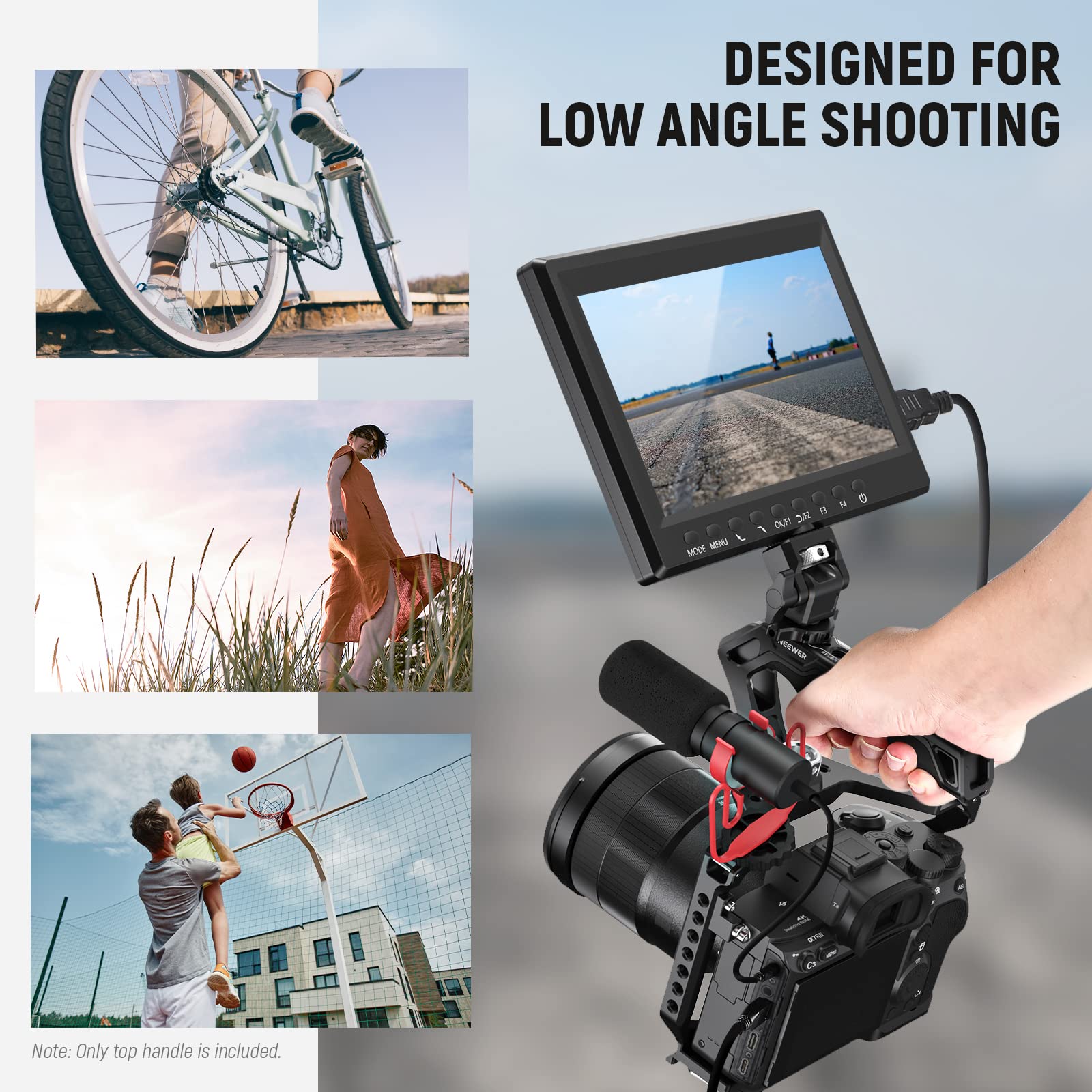 NEEWER Camera Top Handle with 3/8" ARRI Locating Pins, Comfort Silicone Grip with 1/4" 3/8" Threads and 3 Cold Shoes, Compatible with SmallRig Handles Camera Cages Video Rigs, CA007