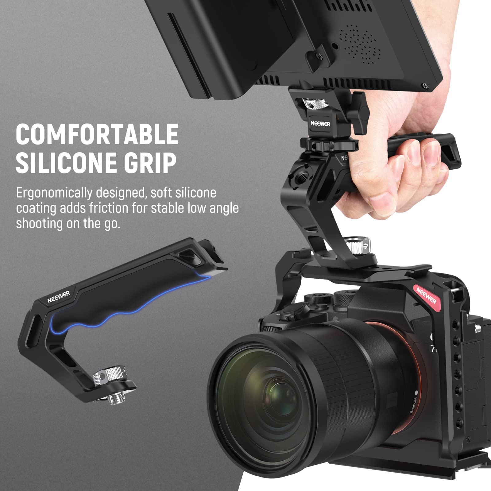 NEEWER Camera Top Handle with 3/8" ARRI Locating Pins, Comfort Silicone Grip with 1/4" 3/8" Threads and 3 Cold Shoes, Compatible with SmallRig Handles Camera Cages Video Rigs, CA007