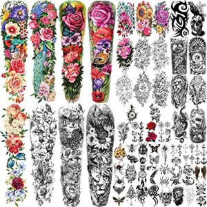 55 sheets temporary tattoo for men and women, 8 full arm fake tattoos, 17 half arm fake skull flower tattoos, 30 tiny for adults kids body shoulder tattoos stickers waterproof realistic long-lasting