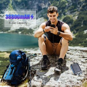 Solar Charger Power Bank, 38800mAh Portable Battery Pack IPX6 Waterproof with Built-in Panel and LED Flashlight, Phone for All CellPhones. (Blue)