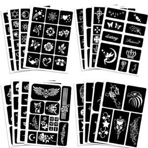 qpout tattoo stencils for kids adults, 16 sheets henna tattoo stencil kit, small and big tattoo stencils designs, tattoo stencils for real tattoos, skeleton spider owl flower butterfly tribal totem
