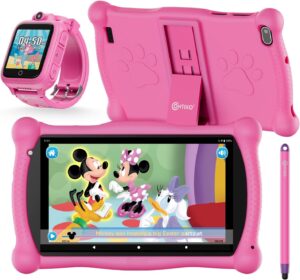 contixo kids tablet, v10 7 inch tablet for kids and smart watch bundle, 2gb 32 gb toddler tablet with bluetooth, with smart watch that touch screen, camera, video and audio recording (pink)