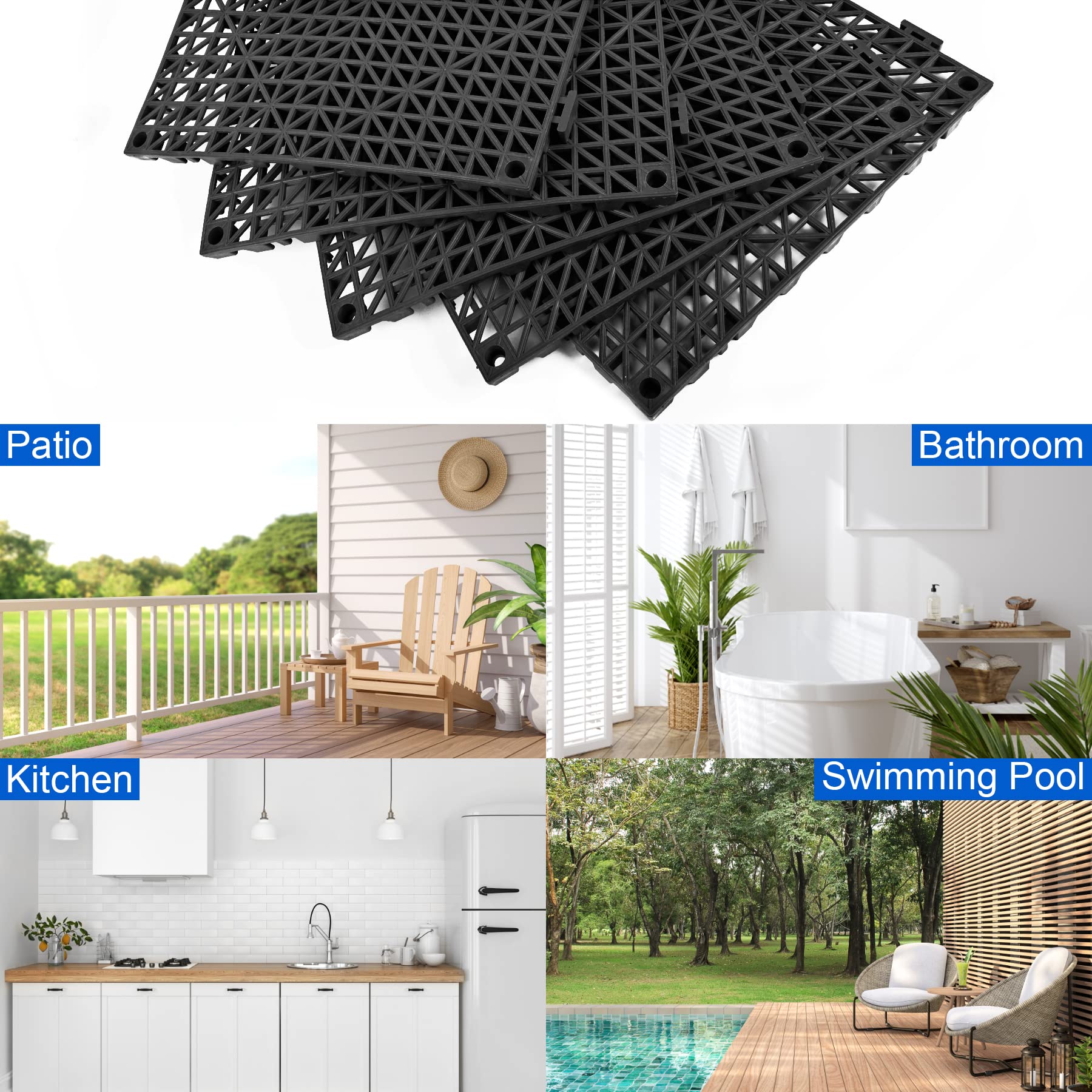 Modular Interlocking Cushion 12 Pack 11.8" x 11.8" Rubber Floor Tiles Non-Slip Splicing Drainage Mats for Deck, Pool, Outdoor Shower, Patio, Balcony, Indoor Bathroom, Kitchen, Yard (Black)