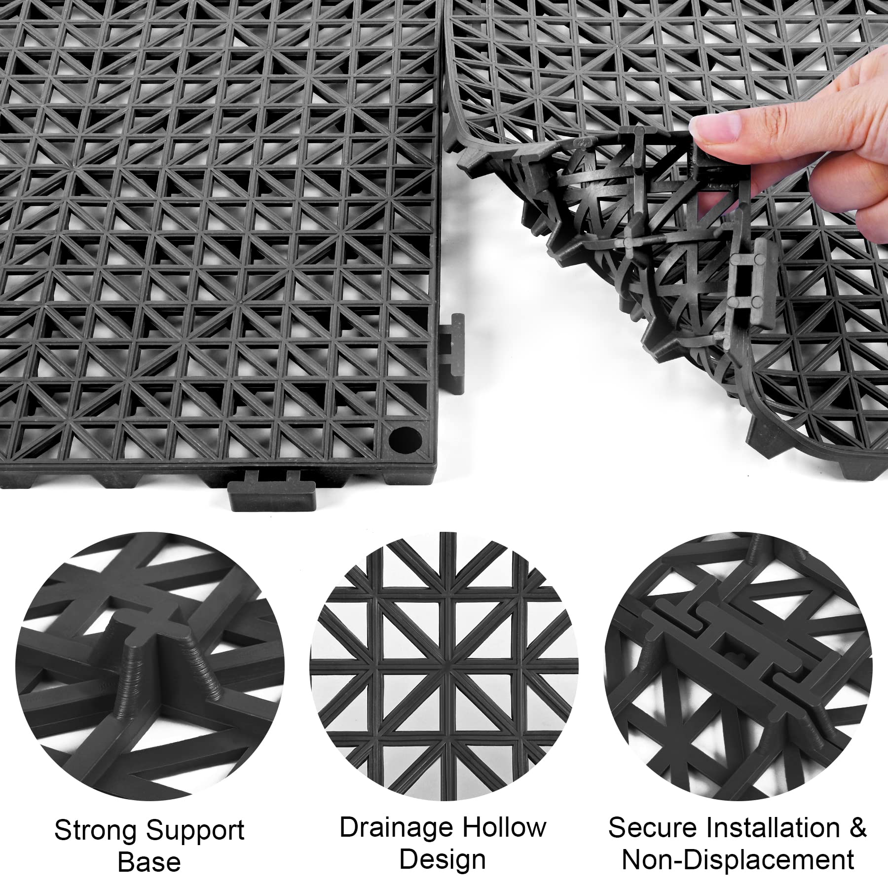 Modular Interlocking Cushion 12 Pack 11.8" x 11.8" Rubber Floor Tiles Non-Slip Splicing Drainage Mats for Deck, Pool, Outdoor Shower, Patio, Balcony, Indoor Bathroom, Kitchen, Yard (Black)