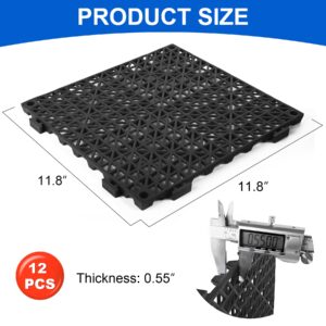 Modular Interlocking Cushion 12 Pack 11.8" x 11.8" Rubber Floor Tiles Non-Slip Splicing Drainage Mats for Deck, Pool, Outdoor Shower, Patio, Balcony, Indoor Bathroom, Kitchen, Yard (Black)