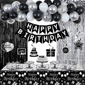 black and white birthday party decorations for men women, black silver happy birthday balloons arch for boys girls with bday tablecloth fringe curtains hanging swirls suitable for all age and occasion