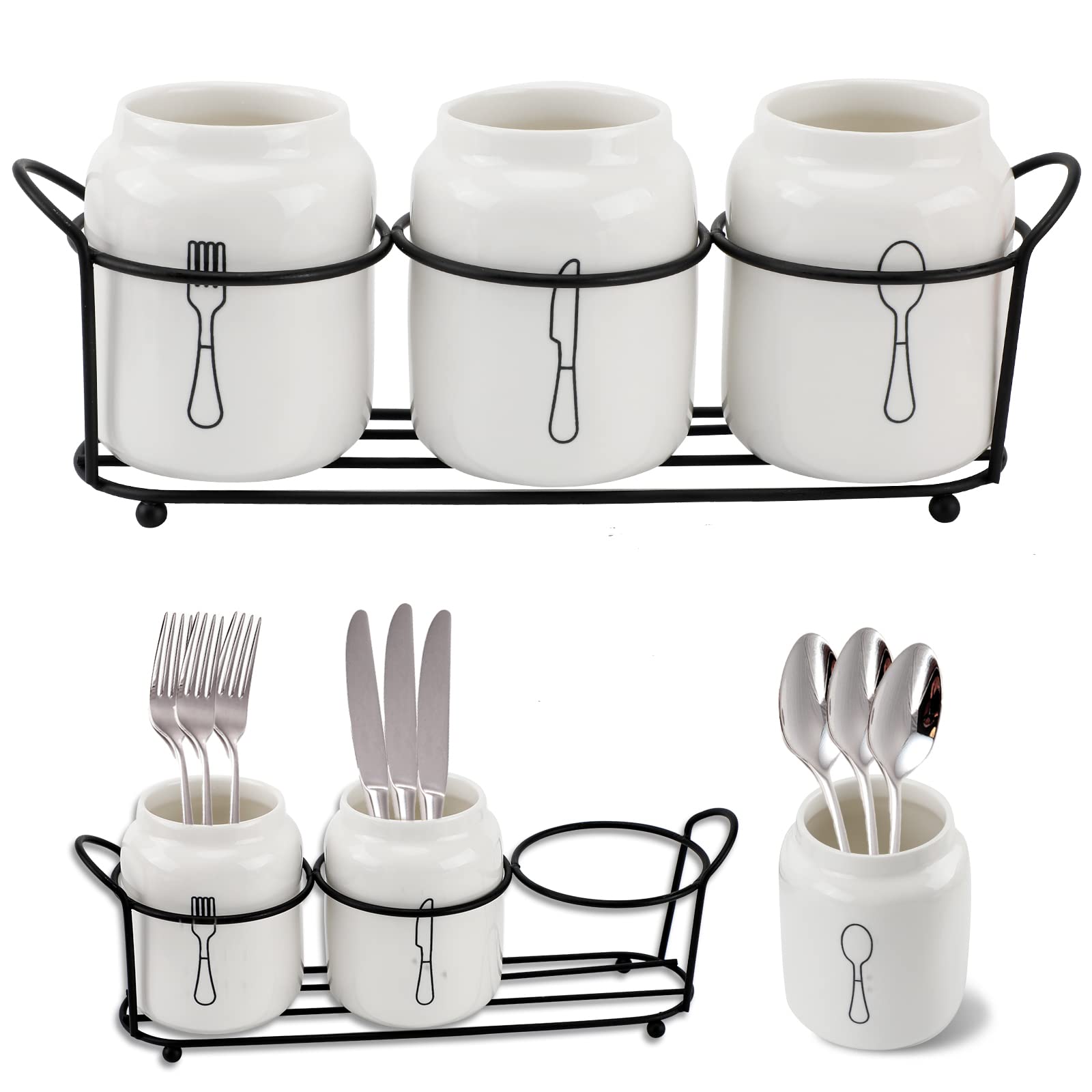 4 Piece Silverware Holder for Organizer Countertop White Ceramic Silverware Caddy with Black Metal Rack, Fork Spoon Utensil Holder Flatware Organizers Cutlery Storage for Kitchen Tabletop Cabinet