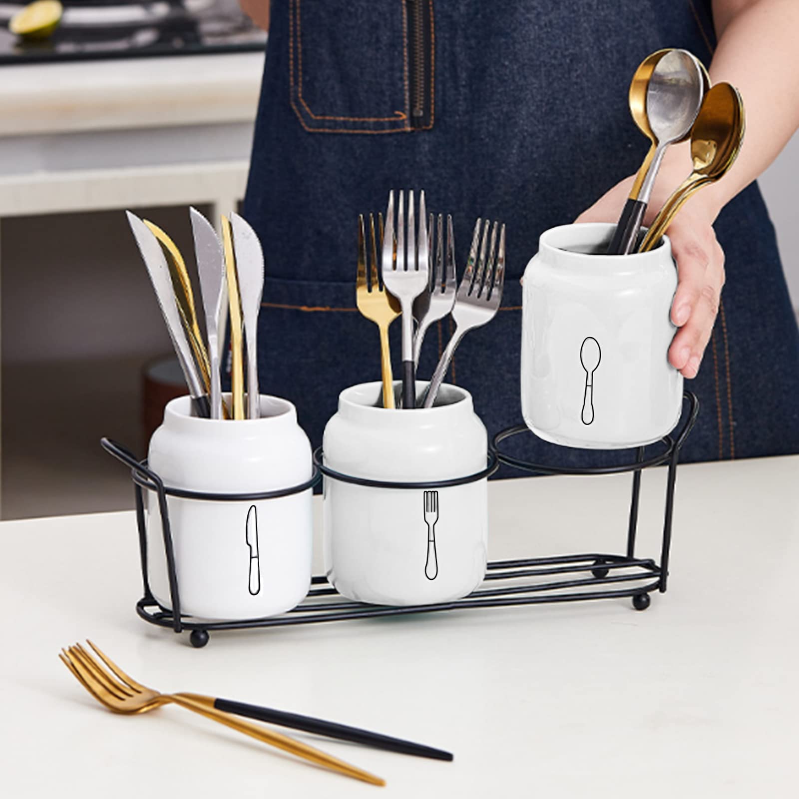 4 Piece Silverware Holder for Organizer Countertop White Ceramic Silverware Caddy with Black Metal Rack, Fork Spoon Utensil Holder Flatware Organizers Cutlery Storage for Kitchen Tabletop Cabinet