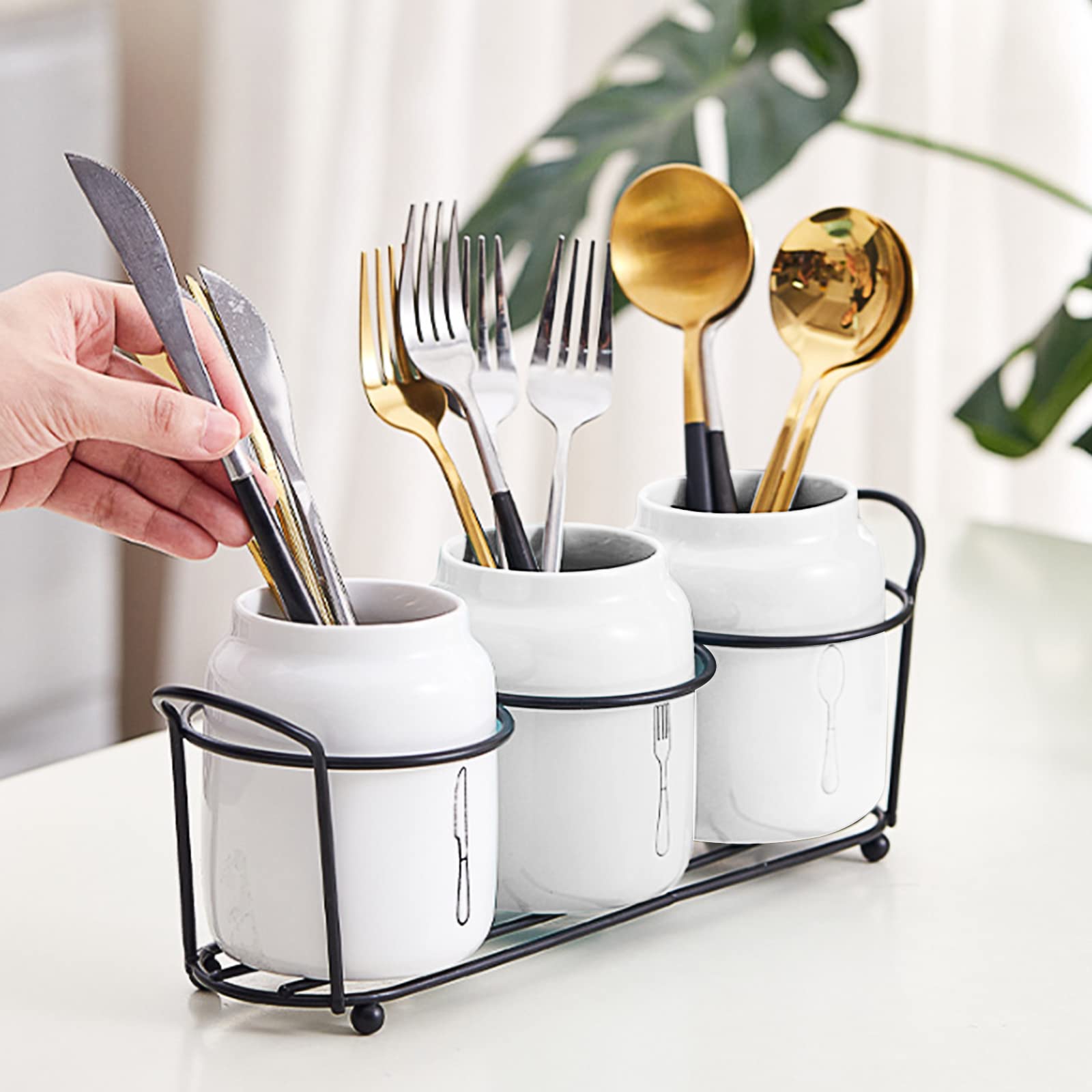 4 Piece Silverware Holder for Organizer Countertop White Ceramic Silverware Caddy with Black Metal Rack, Fork Spoon Utensil Holder Flatware Organizers Cutlery Storage for Kitchen Tabletop Cabinet