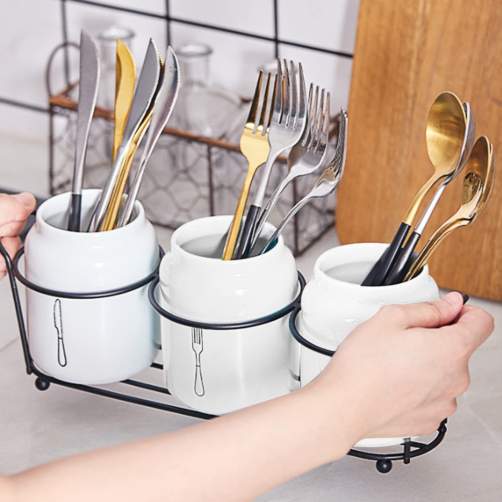 4 Piece Silverware Holder for Organizer Countertop White Ceramic Silverware Caddy with Black Metal Rack, Fork Spoon Utensil Holder Flatware Organizers Cutlery Storage for Kitchen Tabletop Cabinet