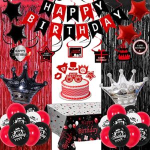 red and black birthday decorations for men women, happy birthday party decor for boys girls with birthday banner tablecloth curtains crown balloons hanging swirls pendants for bday party suppliers