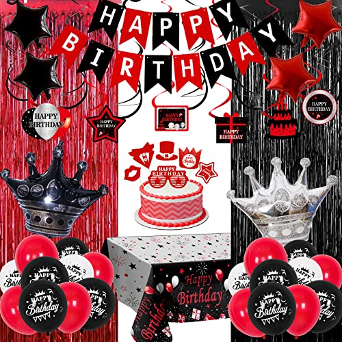 Red and Black Birthday Decorations for Men Women, Happy Birthday Party Decor for Boys Girls with Birthday Banner Tablecloth Curtains Crown Balloons Hanging Swirls Pendants for Bday Party Suppliers