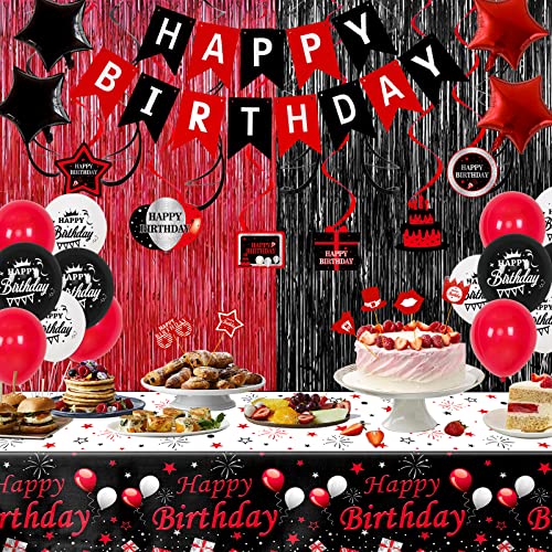 Red and Black Birthday Decorations for Men Women, Happy Birthday Party Decor for Boys Girls with Birthday Banner Tablecloth Curtains Crown Balloons Hanging Swirls Pendants for Bday Party Suppliers