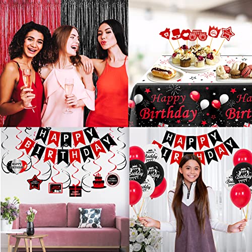 Red and Black Birthday Decorations for Men Women, Happy Birthday Party Decor for Boys Girls with Birthday Banner Tablecloth Curtains Crown Balloons Hanging Swirls Pendants for Bday Party Suppliers