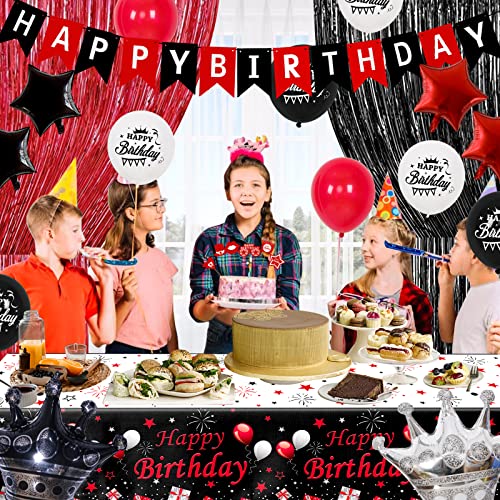 Red and Black Birthday Decorations for Men Women, Happy Birthday Party Decor for Boys Girls with Birthday Banner Tablecloth Curtains Crown Balloons Hanging Swirls Pendants for Bday Party Suppliers