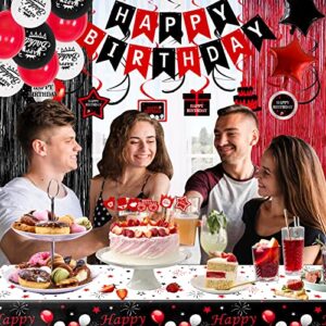 Red and Black Birthday Decorations for Men Women, Happy Birthday Party Decor for Boys Girls with Birthday Banner Tablecloth Curtains Crown Balloons Hanging Swirls Pendants for Bday Party Suppliers