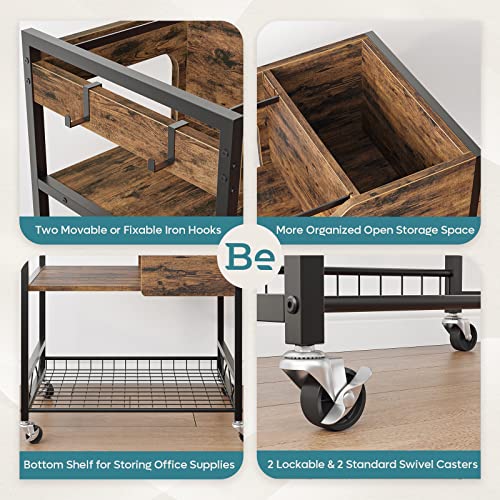 Bestier Rolling File Cart with Wheels Hanging Files, Legal & Letter Size Mobile Office File Organizer Cart with Open Storage Shelves and 2 Hooks (Rustic Brown, 16" D x 24" W x 27" H)