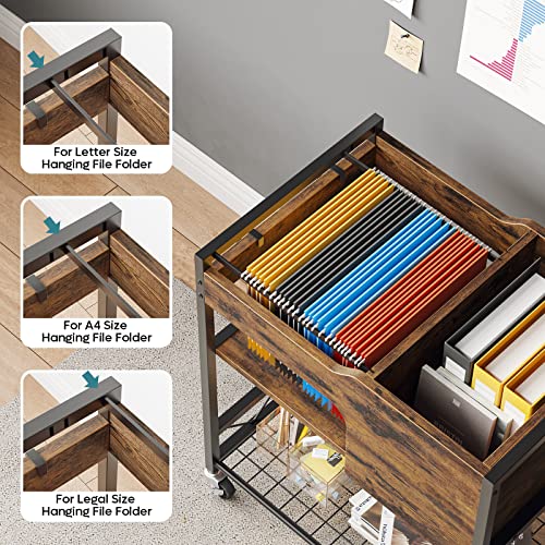 Bestier Rolling File Cart with Wheels Hanging Files, Legal & Letter Size Mobile Office File Organizer Cart with Open Storage Shelves and 2 Hooks (Rustic Brown, 16" D x 24" W x 27" H)