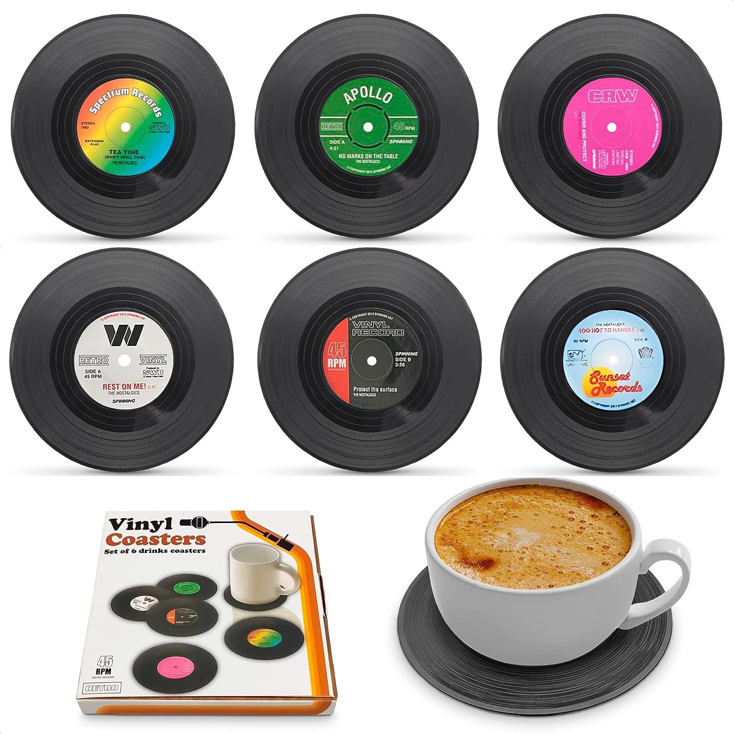 Vinyl Record Coaster with Gift Box Set of 6 Music Coasters for Drinks, Bar, Birthday, Party Cool Coasters for Music Lovers Colorful Retro Vinyl Record Disk Coasters Coffee Table Decor