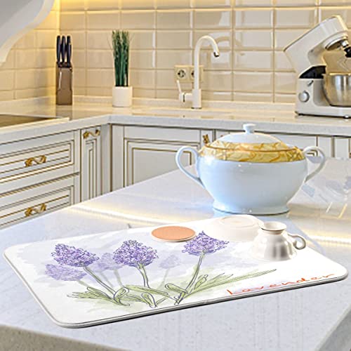 Blue Lavender Violet Flowers Dish Mat Dish Drainer Pads Dish Drying Pad for Kitchen Counter Kitchen Heat Resistant Mat 16 x 18