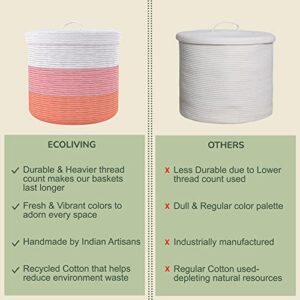 Eco-living Recycled Cotton Rope Basket with Lid,Woven Baskets for Storage of Blankets, Baby Toys, Laundry, towels,Nursery & Living Room Organizer,Eco-friendly & Decorative Basket, Pink & White