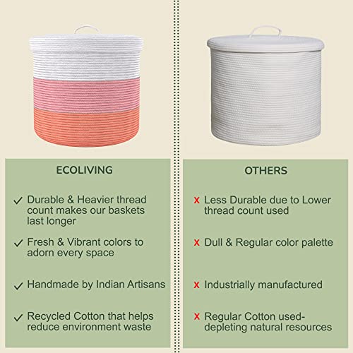 Eco-living Recycled Cotton Rope Basket with Lid,Woven Baskets for Storage of Blankets, Baby Toys, Laundry, towels,Nursery & Living Room Organizer,Eco-friendly & Decorative Basket, Pink & White