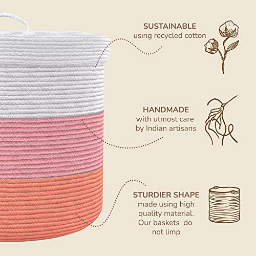 Eco-living Recycled Cotton Rope Basket with Lid,Woven Baskets for Storage of Blankets, Baby Toys, Laundry, towels,Nursery & Living Room Organizer,Eco-friendly & Decorative Basket, Pink & White