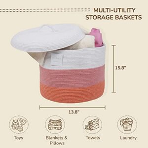 Eco-living Recycled Cotton Rope Basket with Lid,Woven Baskets for Storage of Blankets, Baby Toys, Laundry, towels,Nursery & Living Room Organizer,Eco-friendly & Decorative Basket, Pink & White