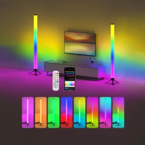 2 pack rgb floor lamp, led corner lamp works with alexa and google, 360° color changing lamp with bluetooth app, remote control, music sync, 16 million diy colors & timing for living room gaming room