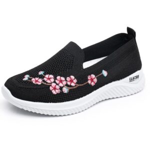 covoyyar women's slip on shoes casual comfortable tennis floral embroidered walking sneakers (7,black)