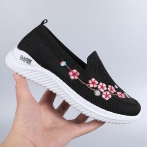 COVOYYAR Women's Slip on Shoes Casual Comfortable Tennis Floral Embroidered Walking Sneakers (7,Black)