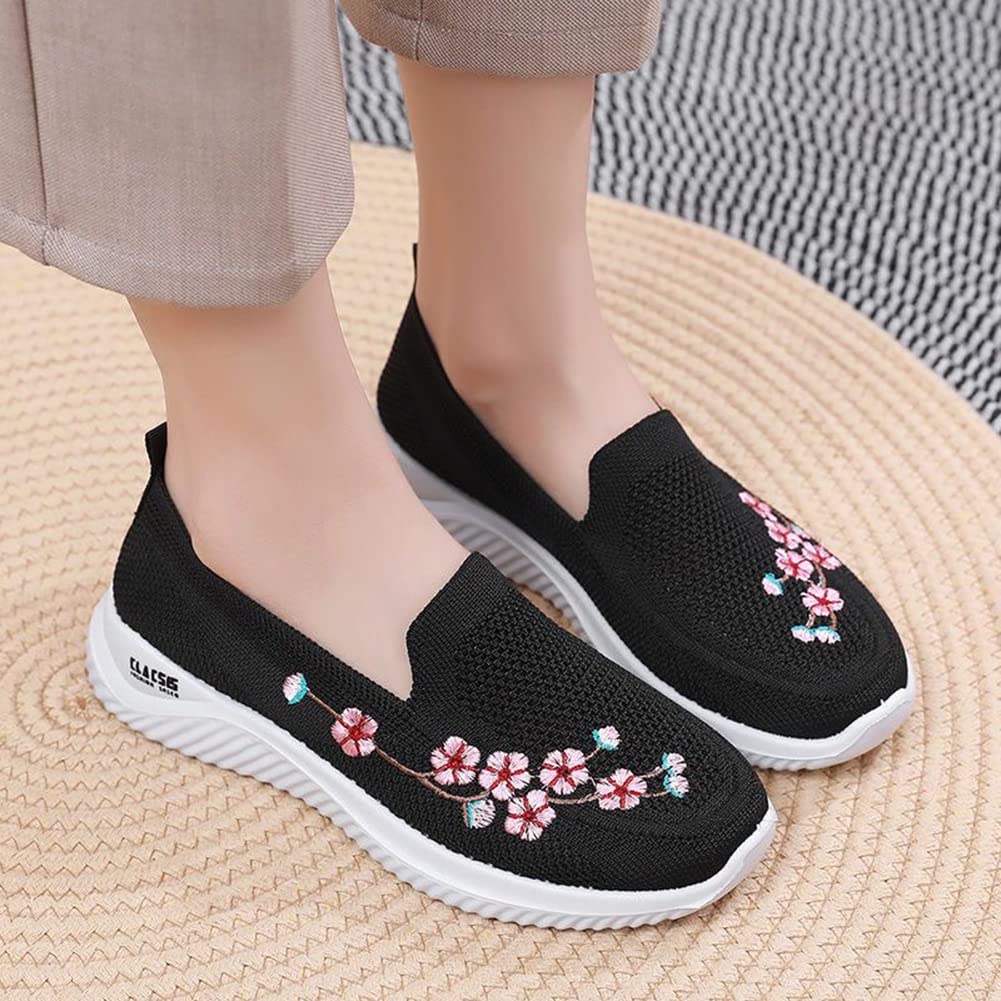 COVOYYAR Women's Slip on Shoes Casual Comfortable Tennis Floral Embroidered Walking Sneakers (7,Black)
