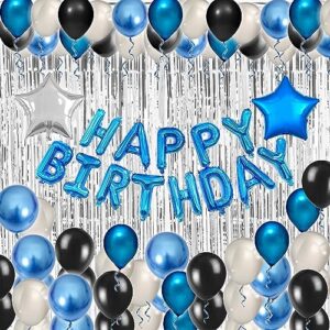 blue black birthday party decorations kit for men 64 pieces, happy birthday banner, fringe curtains, foil balloons for 13th 16th 20th 21st 30th 35th 50th 60th girls men party supplies