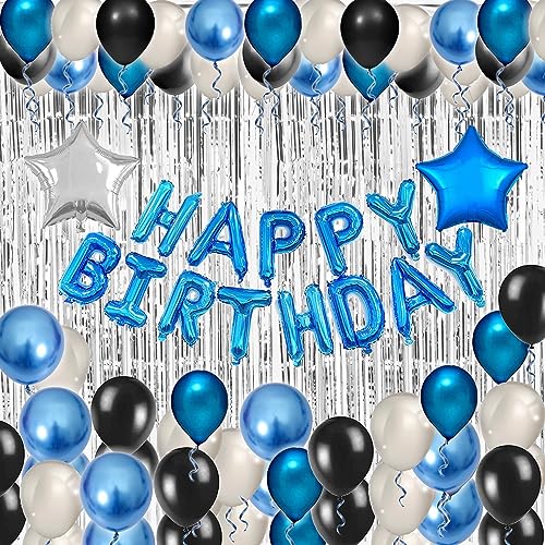 Blue Black Birthday Party Decorations Kit for Men 64 Pieces, Happy Birthday Banner, Fringe Curtains, Foil Balloons for 13th 16th 20th 21st 30th 35th 50th 60th Girls Men Party Supplies