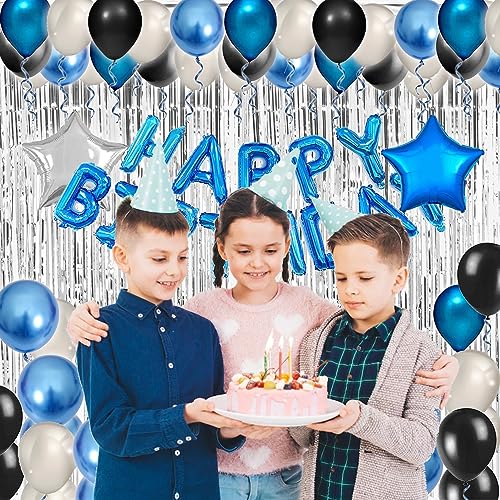 Blue Black Birthday Party Decorations Kit for Men 64 Pieces, Happy Birthday Banner, Fringe Curtains, Foil Balloons for 13th 16th 20th 21st 30th 35th 50th 60th Girls Men Party Supplies