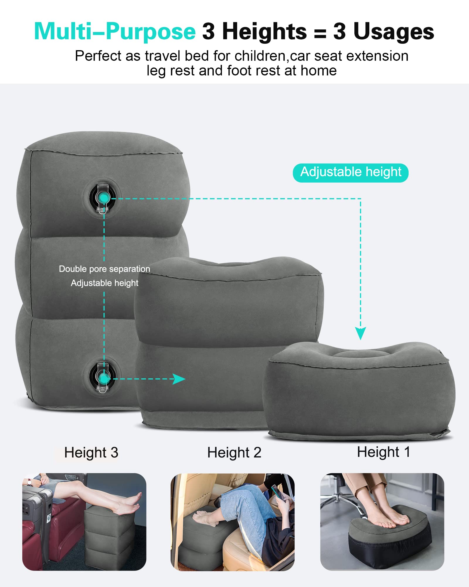 Inflatable Foot Rest for Air Travel, Airplane Footrest Adjustable Height Travel Foot Pillow Kids Bed,Portable Foot Rest Pillow for Kids & Adults on Plane,Car,Train,Office 2Pack (Dark Grey)