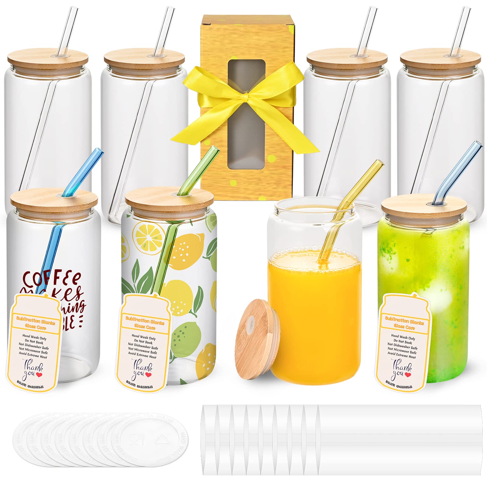 KIDJFGG Sublimation Glass Blanks With Bamboo Lid, 8pack 16OZ Clear Sublimation Beer Can Glass with Glass Straws Gift Box Mason Jar Cups Mug Travel Tumbler for Beer, Juice, Soda, Iced Coffee, Drinks