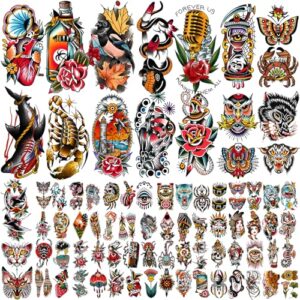 77 sheets vintage temporary tattoo, old school temporary tatoos flower swallows butterflies tiger scorpion snake hand owl swords for women girls and men, half arm fake tattoos for adults shoulder arm