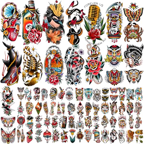 77 Sheets Vintage Temporary Tattoo, Old School Temporary Tatoos Flower Swallows Butterflies Tiger Scorpion Snake Hand Owl Swords for Women Girls and Men, Half Arm Fake Tattoos for Adults Shoulder Arm