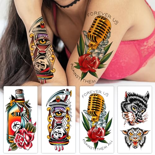 77 Sheets Vintage Temporary Tattoo, Old School Temporary Tatoos Flower Swallows Butterflies Tiger Scorpion Snake Hand Owl Swords for Women Girls and Men, Half Arm Fake Tattoos for Adults Shoulder Arm