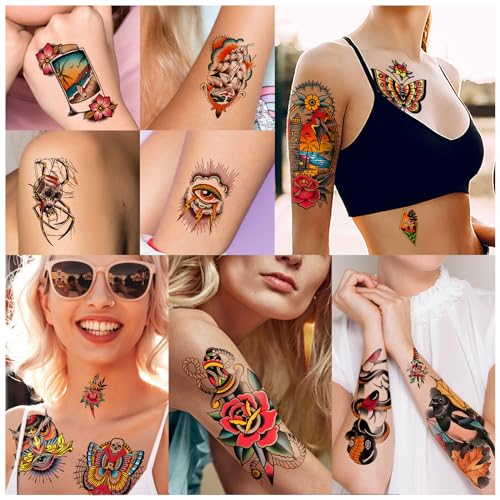 77 Sheets Vintage Temporary Tattoo, Old School Temporary Tatoos Flower Swallows Butterflies Tiger Scorpion Snake Hand Owl Swords for Women Girls and Men, Half Arm Fake Tattoos for Adults Shoulder Arm