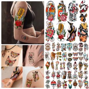 77 Sheets Vintage Temporary Tattoo, Old School Temporary Tatoos Flower Swallows Butterflies Tiger Scorpion Snake Hand Owl Swords for Women Girls and Men, Half Arm Fake Tattoos for Adults Shoulder Arm