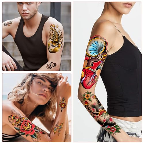 77 Sheets Vintage Temporary Tattoo, Old School Temporary Tatoos Flower Swallows Butterflies Tiger Scorpion Snake Hand Owl Swords for Women Girls and Men, Half Arm Fake Tattoos for Adults Shoulder Arm