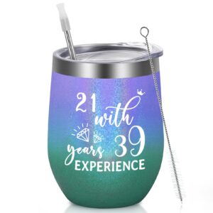 60th birthday gifts for women - 60th birthday wine tumbler for women, 12oz insulated wine tumbler with lid and straw, great birthday gifts for anniversary decorations (glitter violet ombre)…