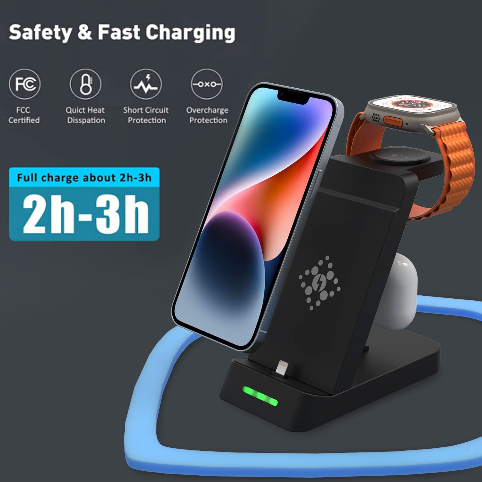 3 in 1 Charging Station for Apple Devices,Multiple Products Charger Dock Stand Adapter for iPhone14/13/12/11/X/8/7,Airpods Pro/3/2/1,Wireless Charger for iWatch Ultra 2/Ultra/9/8/7/6/SE/5/4/3/2 Black