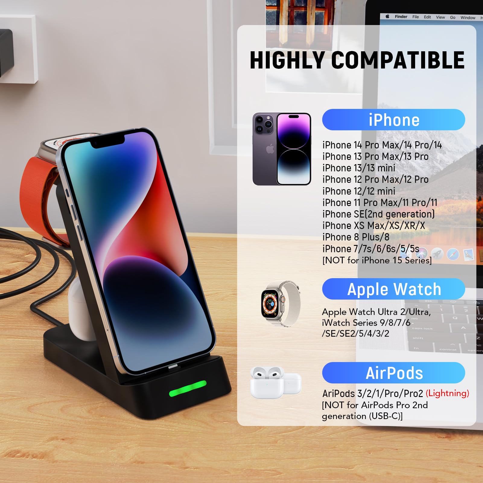 3 in 1 Charging Station for Apple Devices,Multiple Products Charger Dock Stand Adapter for iPhone14/13/12/11/X/8/7,Airpods Pro/3/2/1,Wireless Charger for iWatch Ultra 2/Ultra/9/8/7/6/SE/5/4/3/2 Black