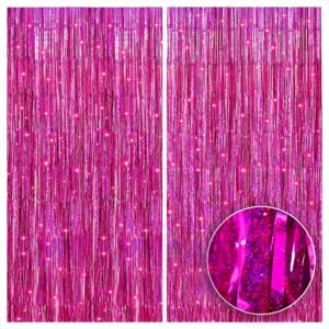 katchon, iridescent hot pink backdrop curtain - large 3.2x8 feet, pack of 2 | pink backdrop fringe curtain for pink birthday decorations | hot pink foil fringe curtain for pink party decorations