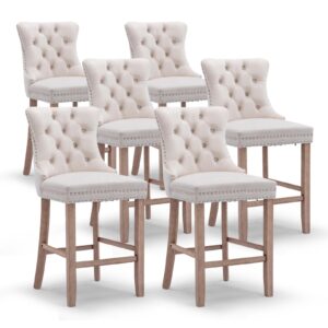 jeteago bar stools set of 6, velvet upholstered bar stool for kitchen island, counter stools with nailhead trim, beige